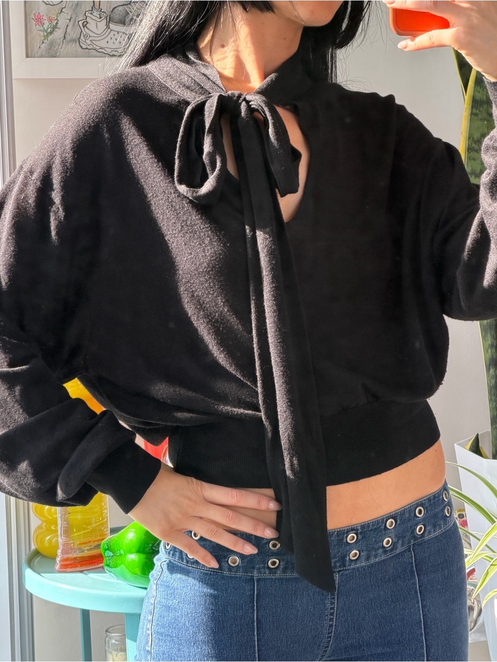 Zara Black Tie-Neck Cropped Sweatshirt